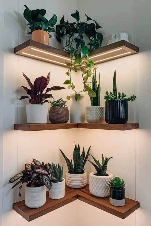 floating shelves for succulent with lights