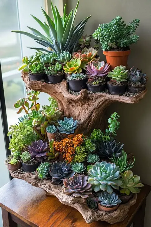 mini succulent arrangement using trunk