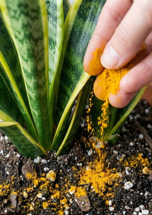 Sprinkling Turmeric in Snake Plant Soil
