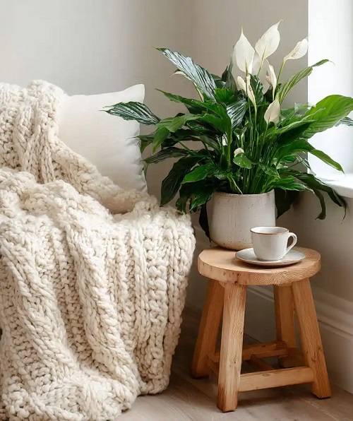 reading nook with peace lily plant
